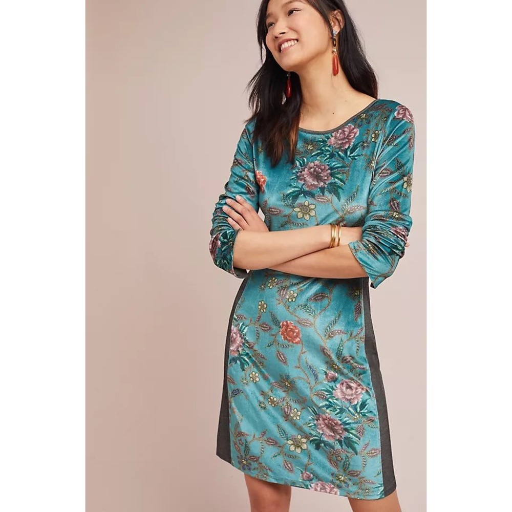 Anthropologie Aldomartins Floral Velvet Dress Teal Blue Grey Size XS